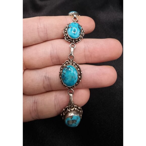 Vintage 1980s-90s Genuine Turquoise 925 Sterling Silver Bracelet - Picture 2 of 5